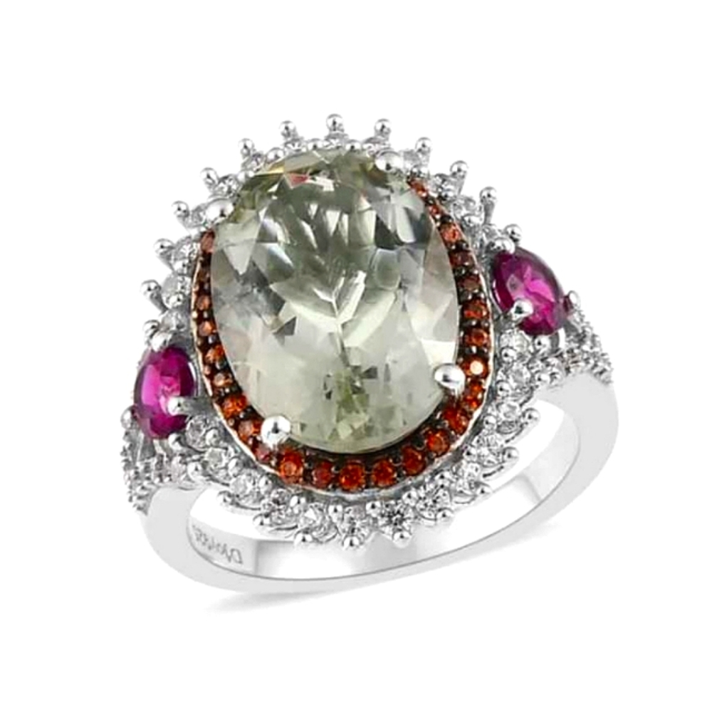 7.15ct AAA Montezuma Prasiolite & Multi Gemstone Ring In Platinum Over Sterling